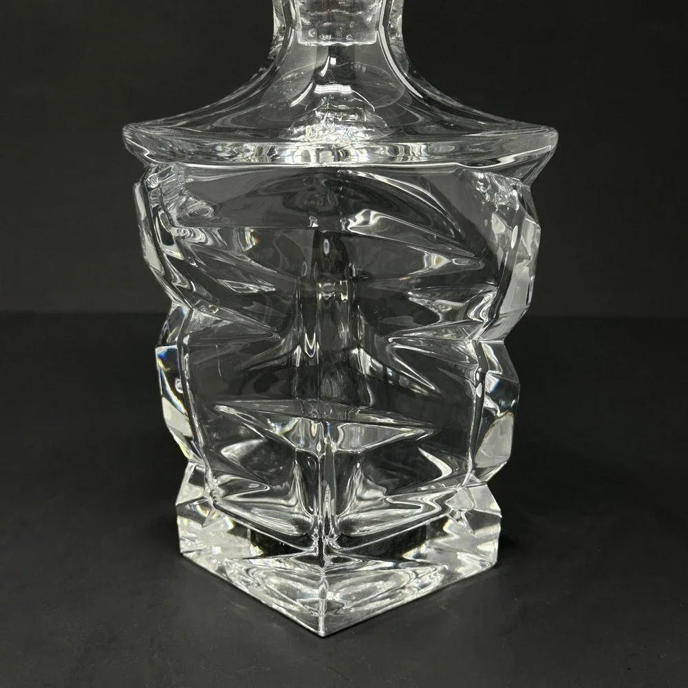 Modernist Brutalist Clear Crystal Glass Whiskey Decanter Geometric Stopper 10in